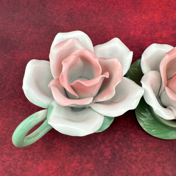 CAPODIMONTE PALE PINK ROSE VINTAGE CANDLE HOLDER SITTING GREEN STEM, SET of 2 - Picture 4 of 8